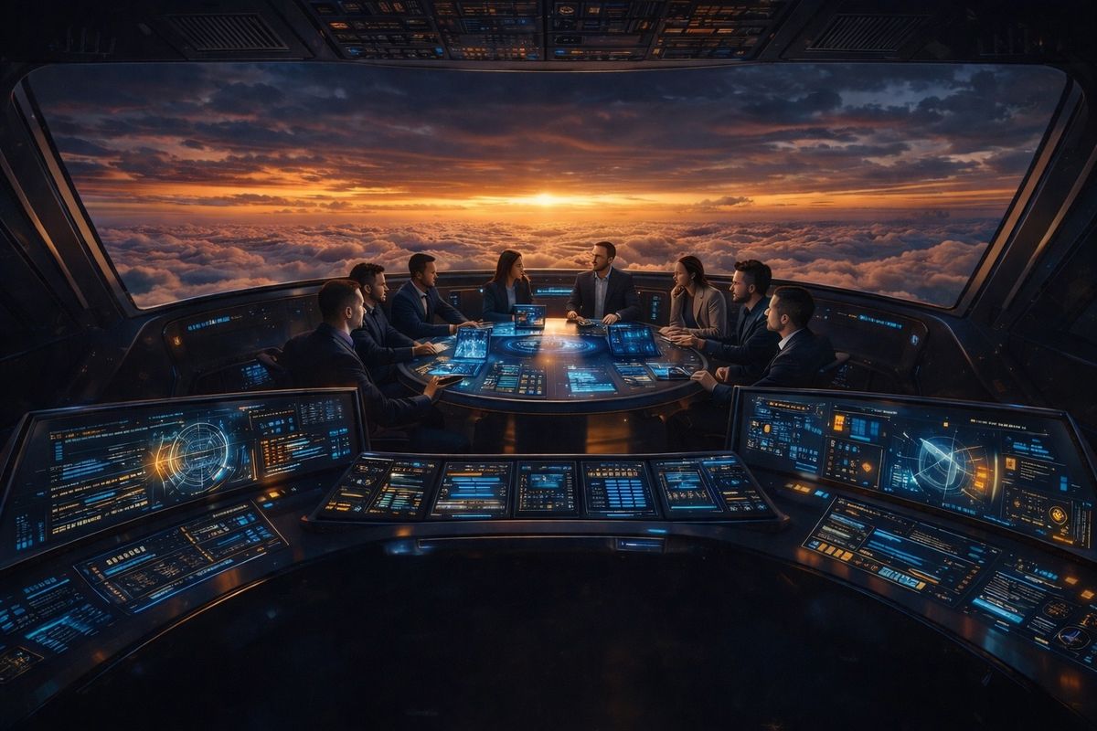 Leadership team in a command-center environment using AI-assisted displays to guide execution decisions